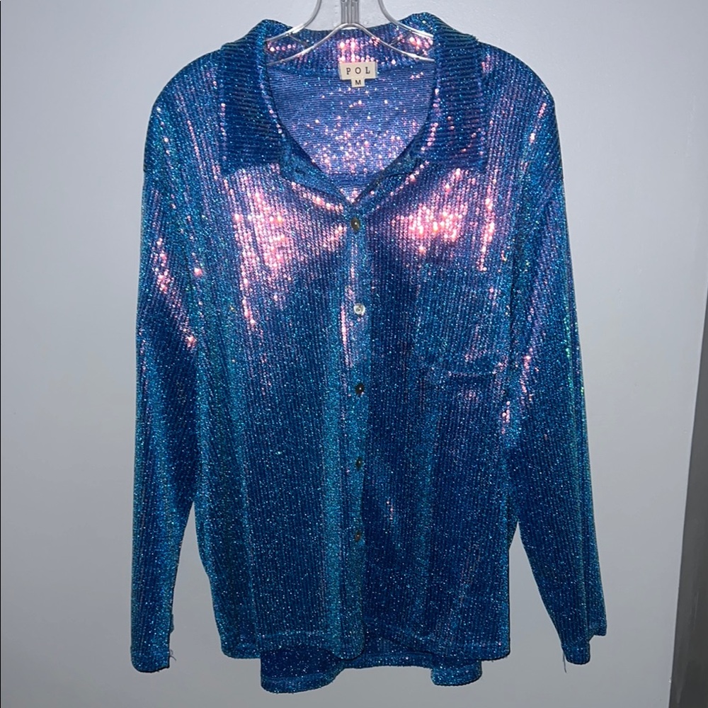 POL Sparkling Blue Sequin Shirt